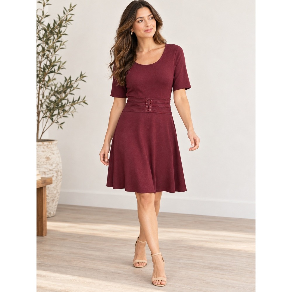 Maison Jules Knit Dress Burgundy Fit & Flare Parisian Chic Feminine Romantic Med